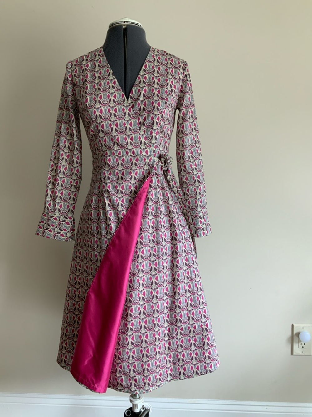 Liberty Print Wrap-Style Long Sleeve Dress in Pink and Cream - Picture 4 of 7